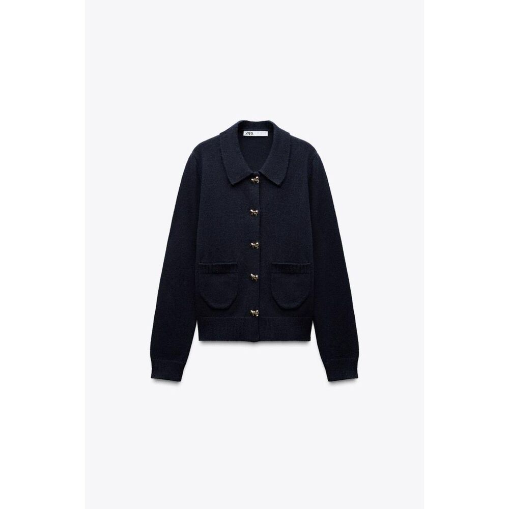 Navy Blue Zara Bow-Button Front Round Neck Long Sleeve Cardigan Sweater (NWT)